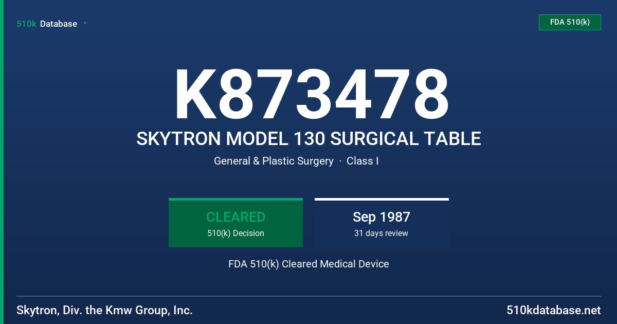 K873478 SKYTRON MODEL 130 SURGICAL TABLE FDA 510(k) Cleared Medical Device