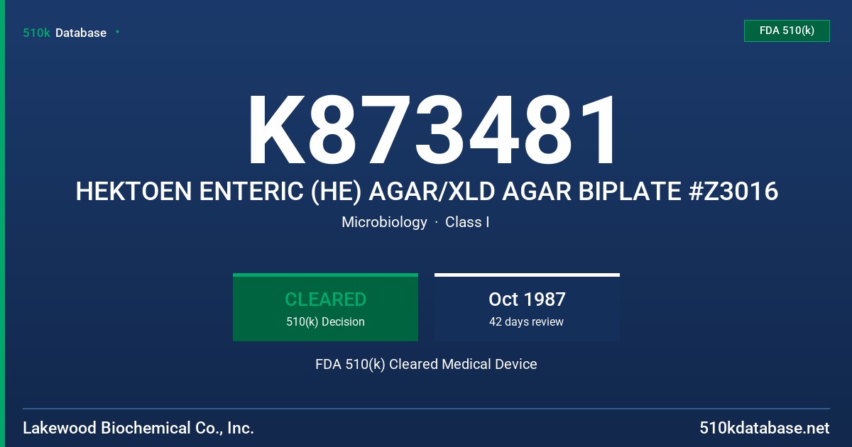 K873481 HEKTOEN ENTERIC (HE) AGAR/XLD AGAR BIPLATE #Z3016 FDA 510(k) Cleared Medical Device