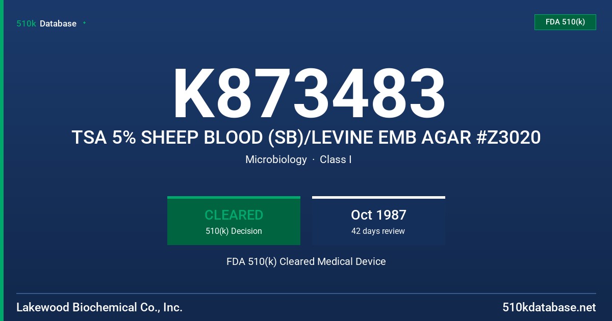 K873483 TSA 5% SHEEP BLOOD (SB)/LEVINE EMB AGAR #Z3020 FDA 510(k) Cleared Medical Device
