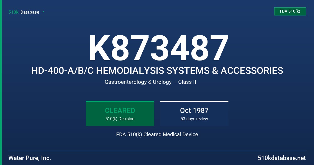 K873487 HD-400-A/B/C HEMODIALYSIS SYSTEMS & ACCESSORIES FDA 510(k) Cleared Medical Device