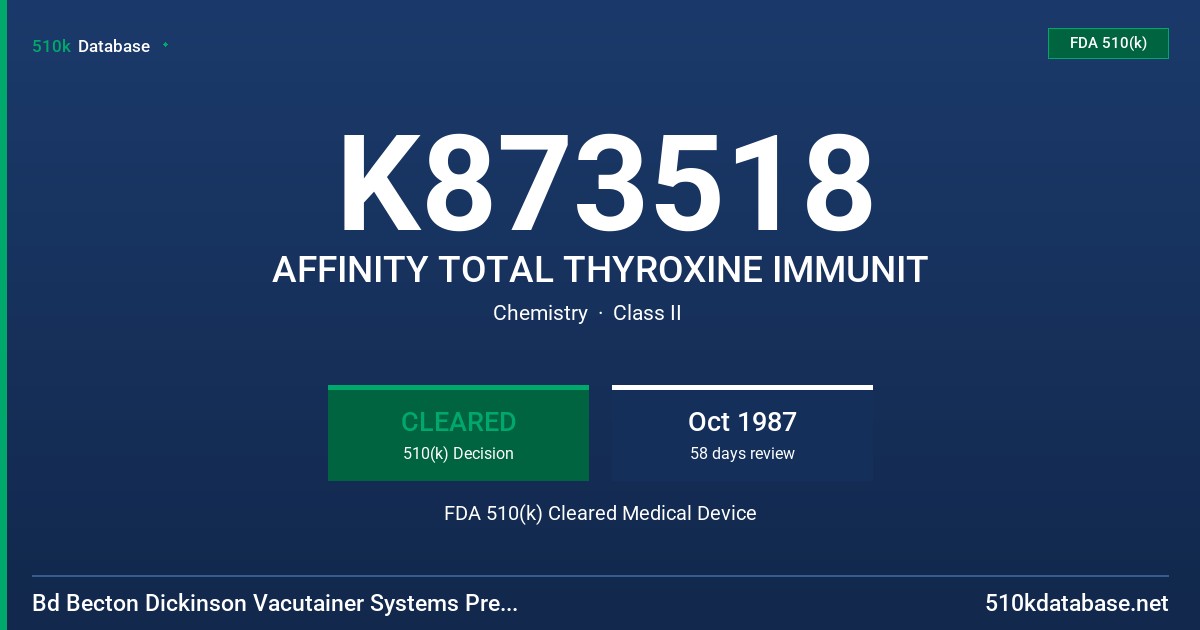 K873518 AFFINITY TOTAL THYROXINE IMMUNIT FDA 510(k) Cleared Medical Device