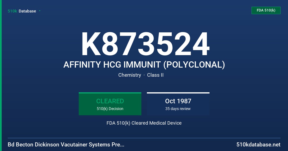 K873524 AFFINITY HCG IMMUNIT (POLYCLONAL) FDA 510(k) Cleared Medical Device