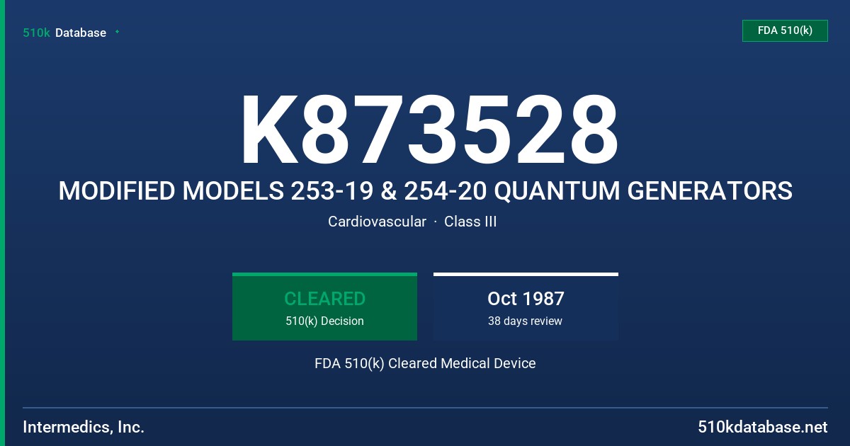 K873528 MODIFIED MODELS 253-19 & 254-20 QUANTUM GENERATORS FDA 510(k) Cleared Medical Device