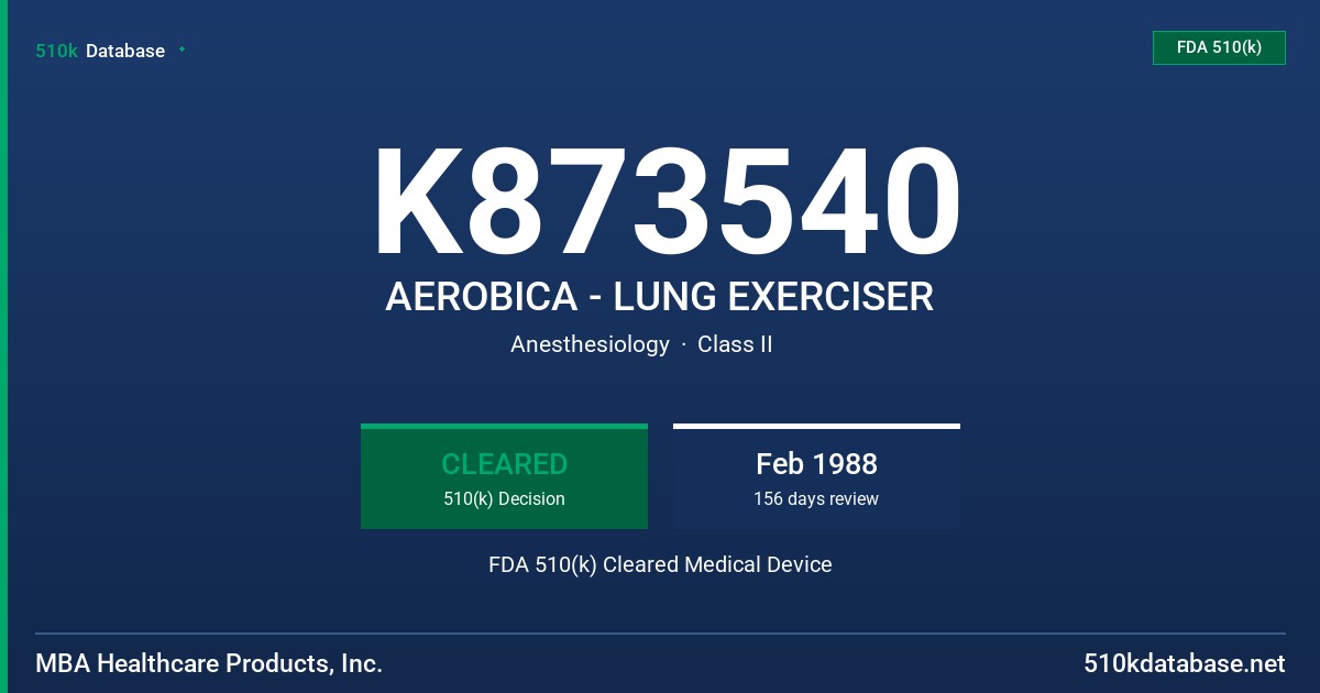 K873540 AEROBICA - LUNG EXERCISER FDA 510(k) Cleared Medical Device