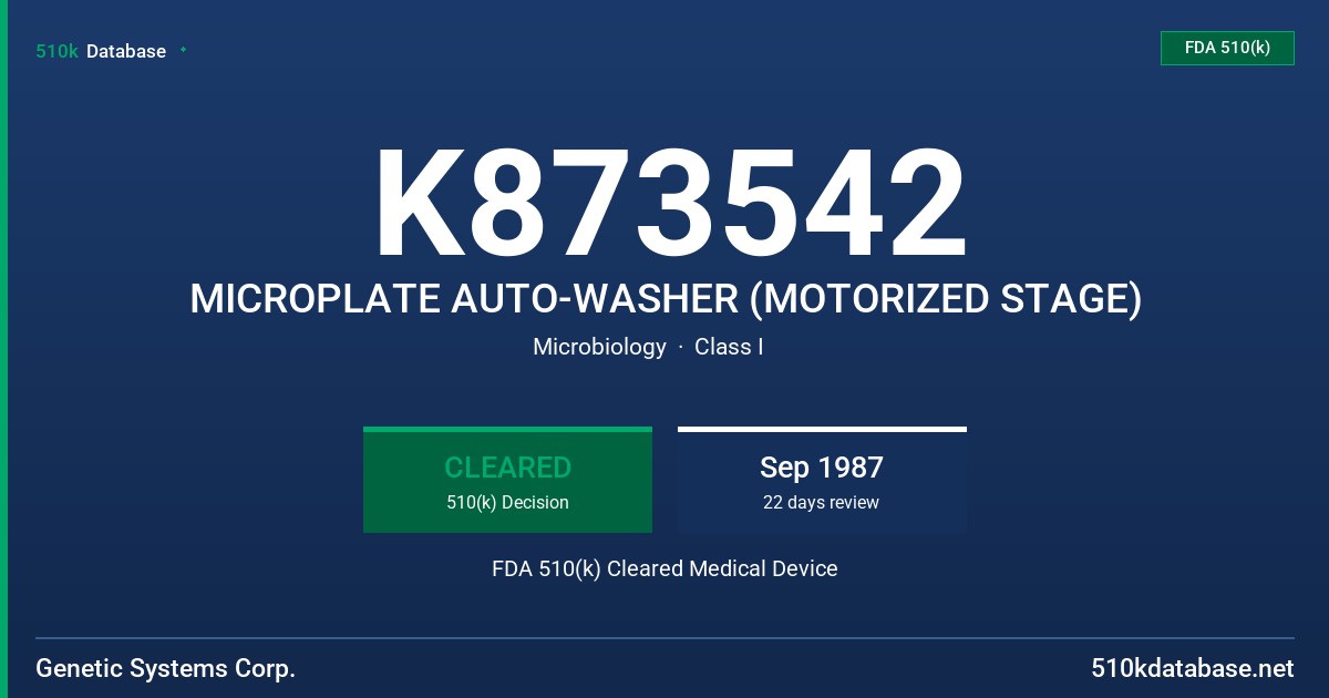 K873542 MICROPLATE AUTO-WASHER (MOTORIZED STAGE) FDA 510(k) Cleared Medical Device