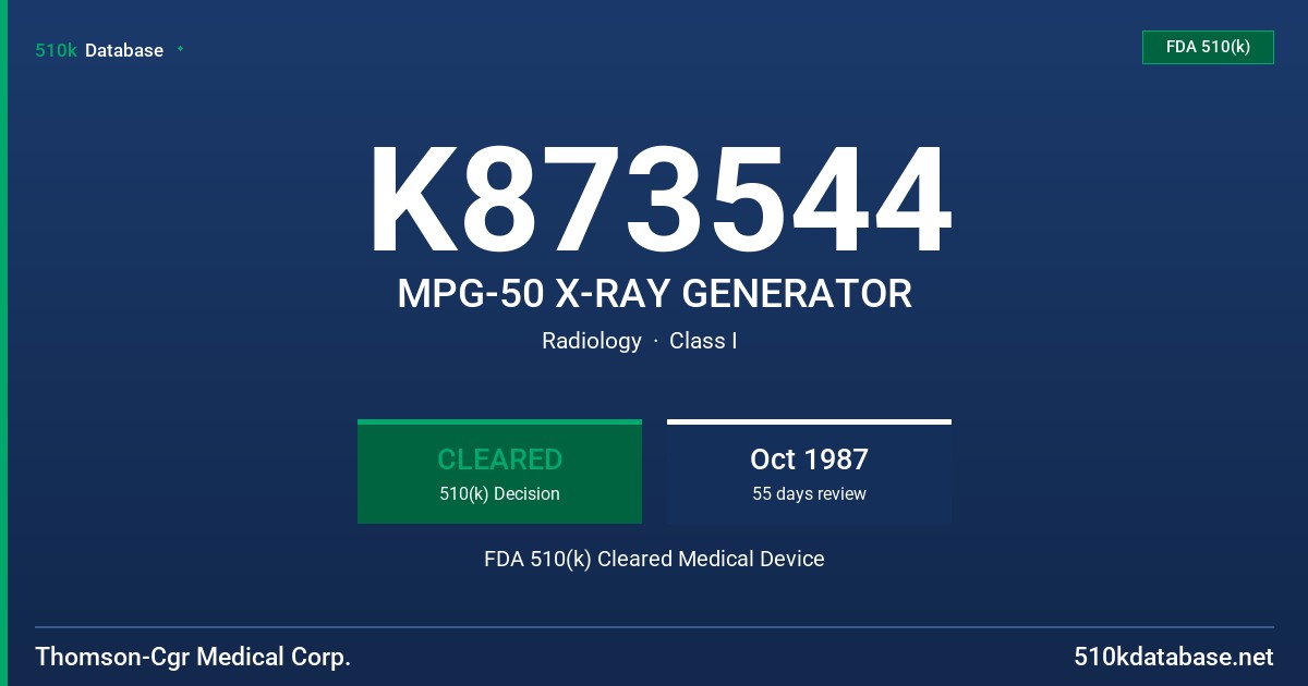 K873544 MPG-50 X-RAY GENERATOR FDA 510(k) Cleared Medical Device