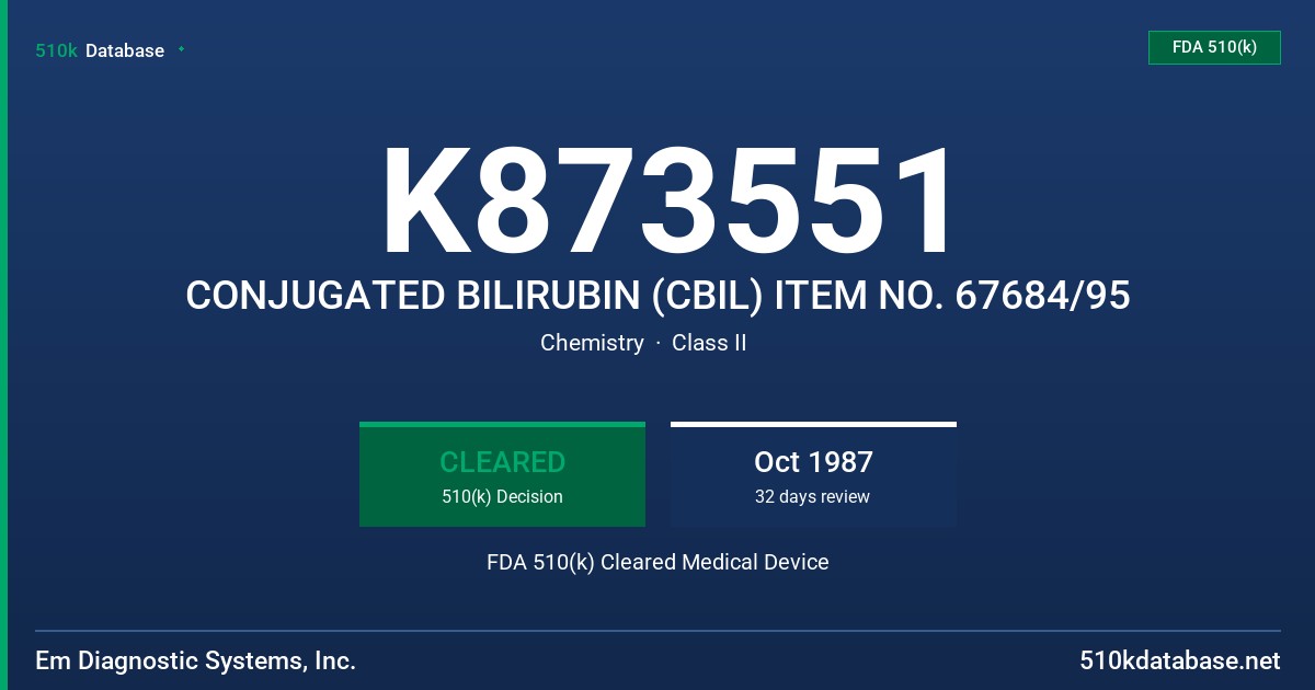 K873551 CONJUGATED BILIRUBIN (CBIL) ITEM NO. 67684/95 FDA 510(k) Cleared Medical Device
