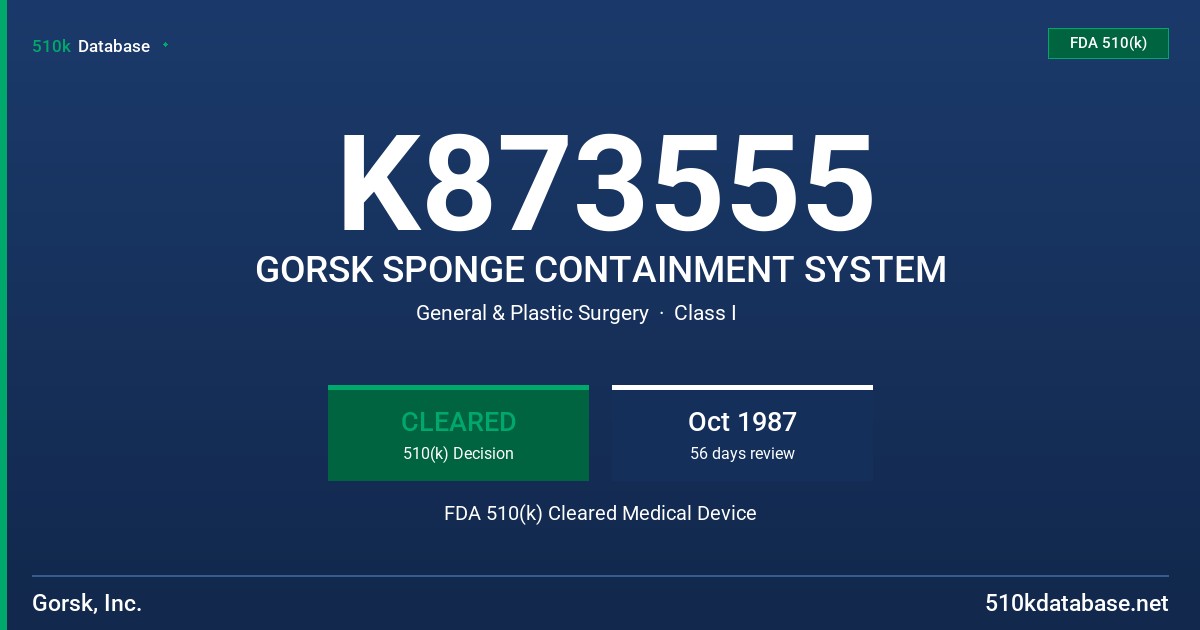 K873555 GORSK SPONGE CONTAINMENT SYSTEM FDA 510(k) Cleared Medical Device