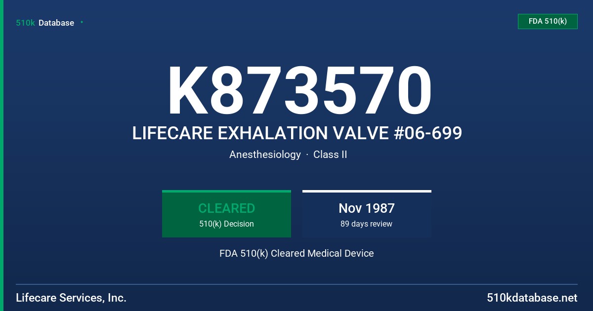 K873570 LIFECARE EXHALATION VALVE #06-699 FDA 510(k) Cleared Medical Device