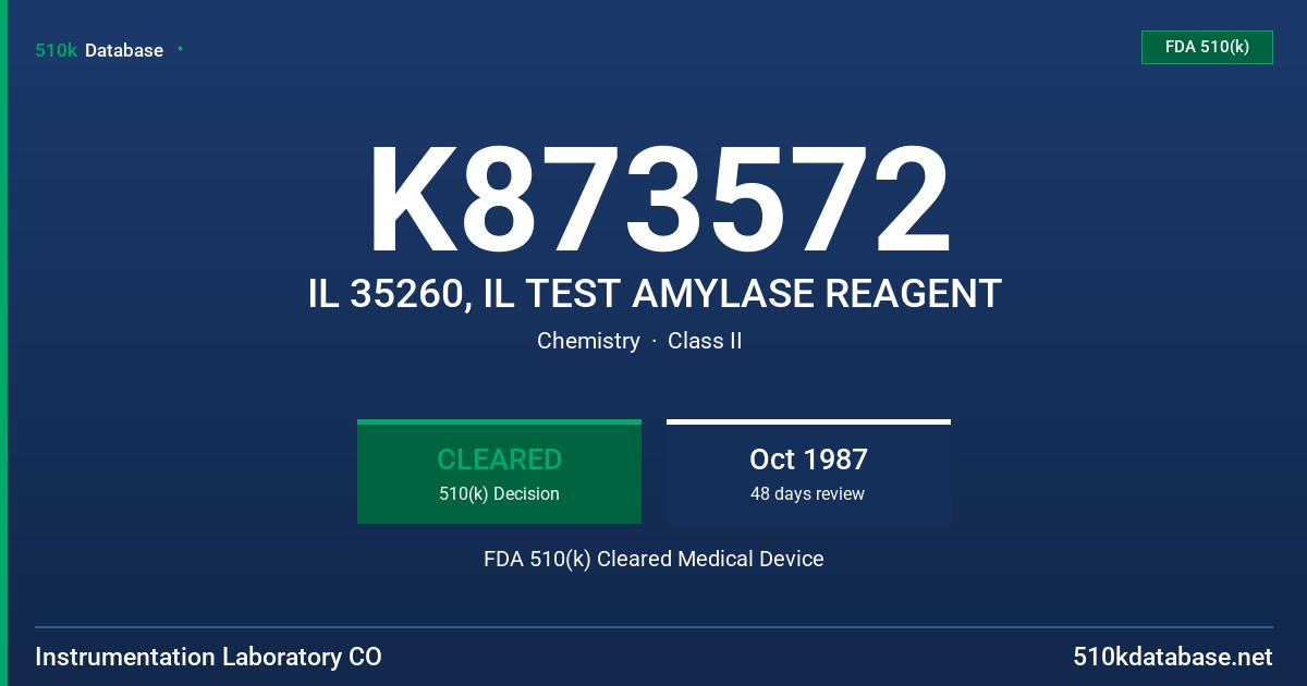 K873572 IL 35260, IL TEST AMYLASE REAGENT FDA 510(k) Cleared Medical Device