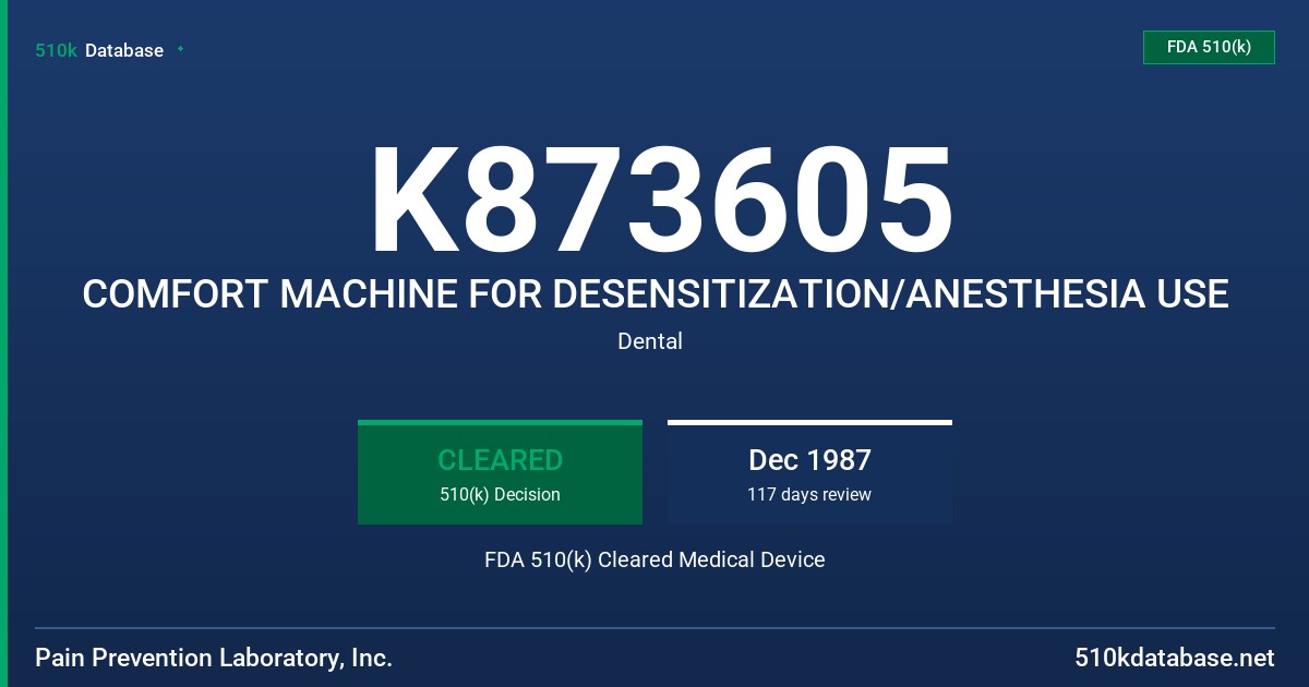K873605 COMFORT MACHINE FOR DESENSITIZATION/ANESTHESIA USE FDA 510(k) Cleared Medical Device