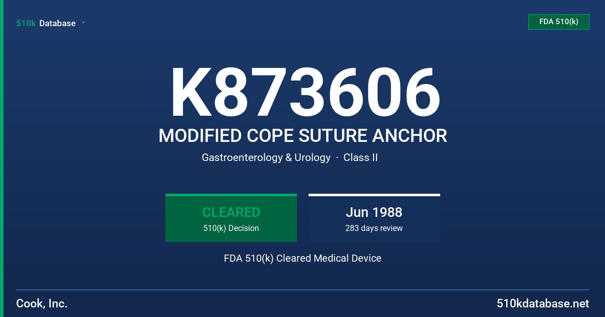 K873606 MODIFIED COPE SUTURE ANCHOR FDA 510(k) Cleared Medical Device