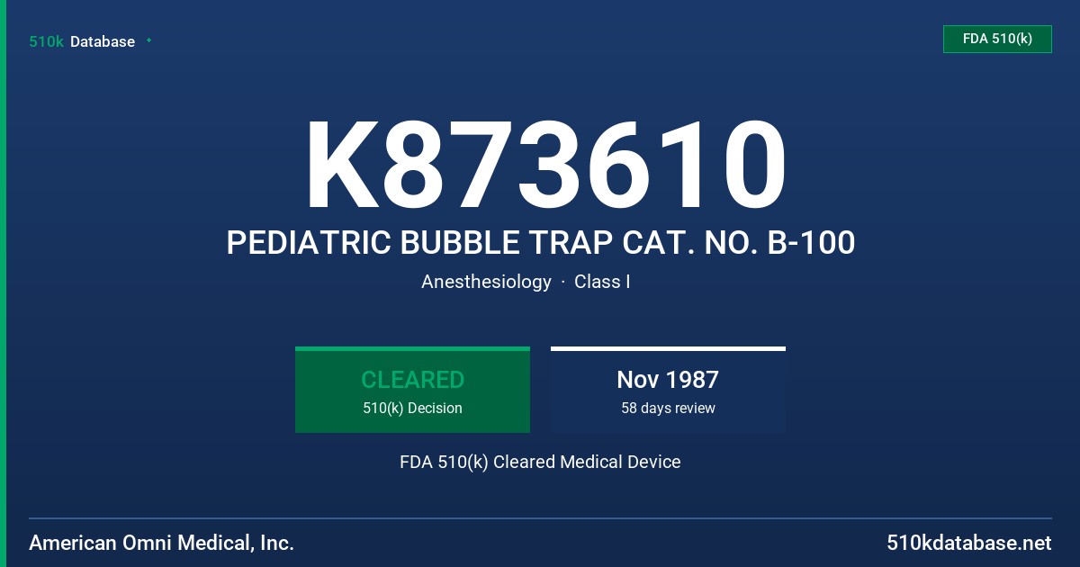 K873610 PEDIATRIC BUBBLE TRAP CAT. NO. B-100 FDA 510(k) Cleared Medical Device