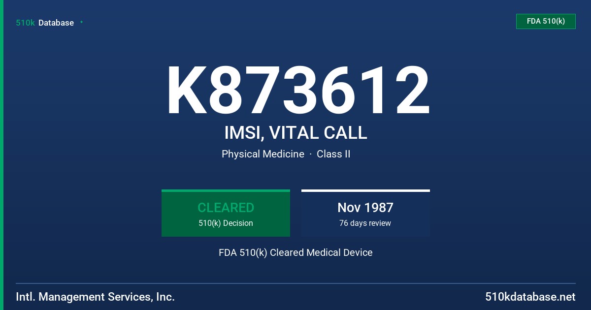 K873612 IMSI, VITAL CALL FDA 510(k) Cleared Medical Device