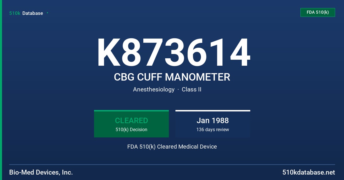 K873614 CBG CUFF MANOMETER FDA 510(k) Cleared Medical Device