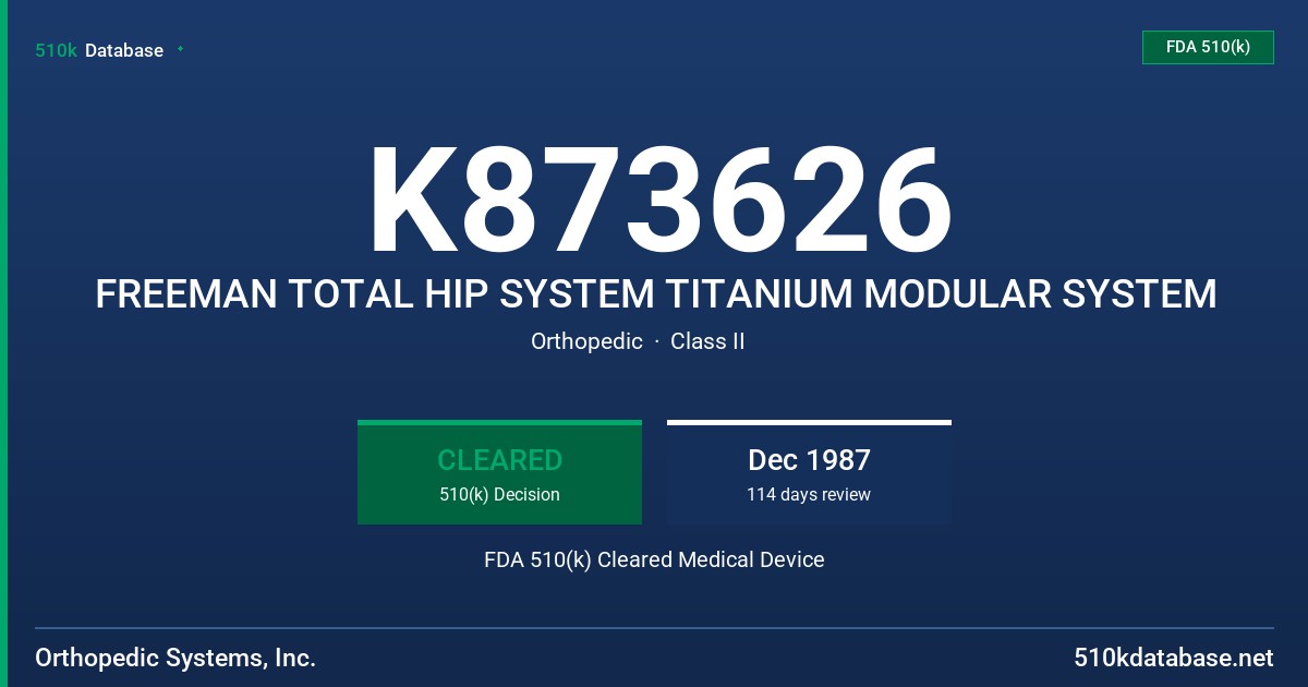 K873626 FREEMAN TOTAL HIP SYSTEM TITANIUM MODULAR SYSTEM FDA 510(k) Cleared Medical Device