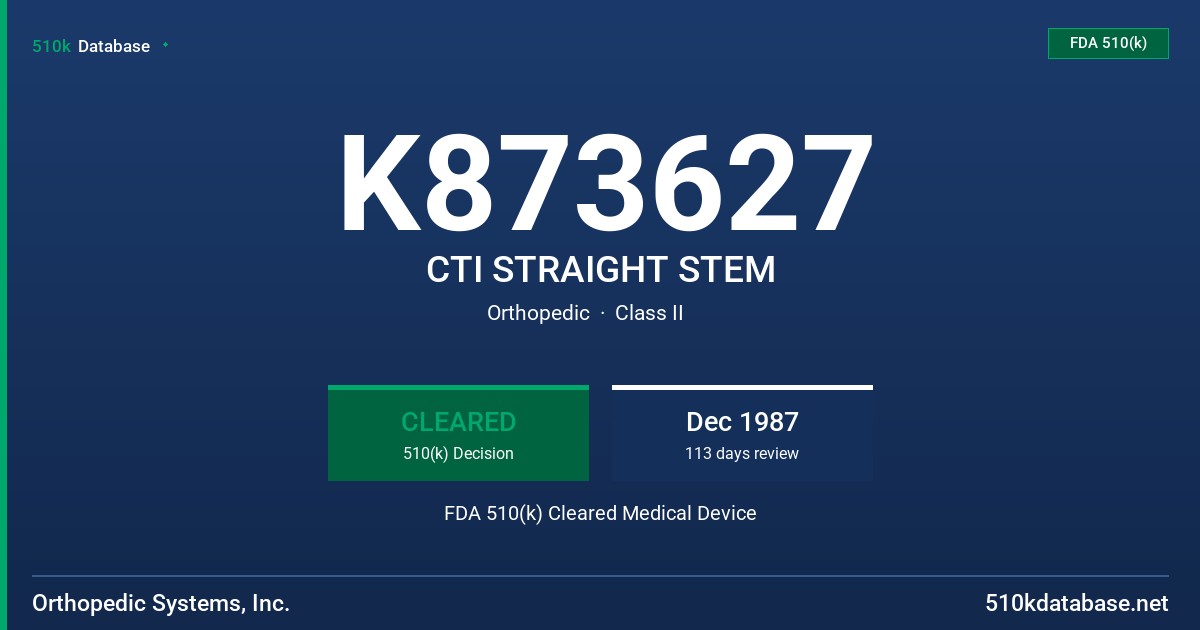 K873627 CTI STRAIGHT STEM FDA 510(k) Cleared Medical Device