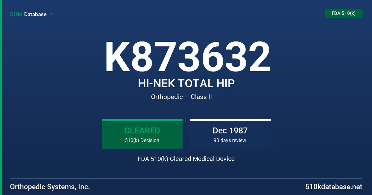 K873632 HI-NEK TOTAL HIP FDA 510(k) Cleared Medical Device