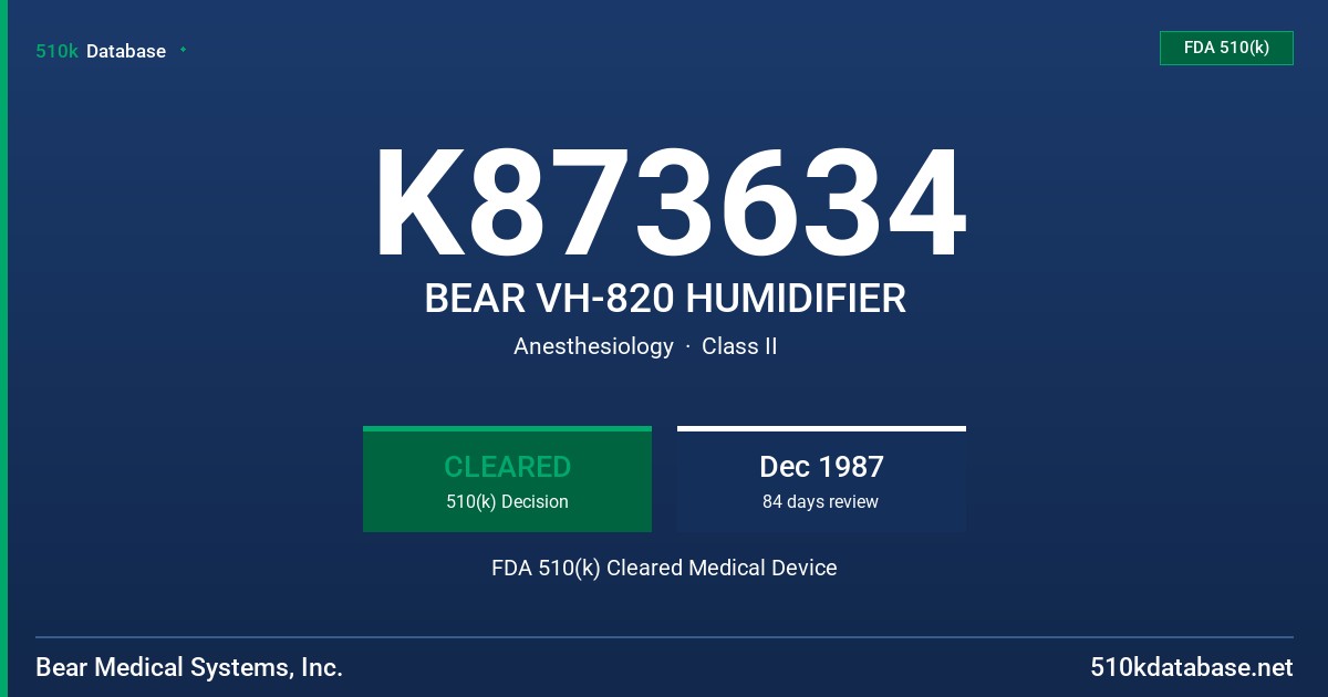 K873634 BEAR VH-820 HUMIDIFIER FDA 510(k) Cleared Medical Device