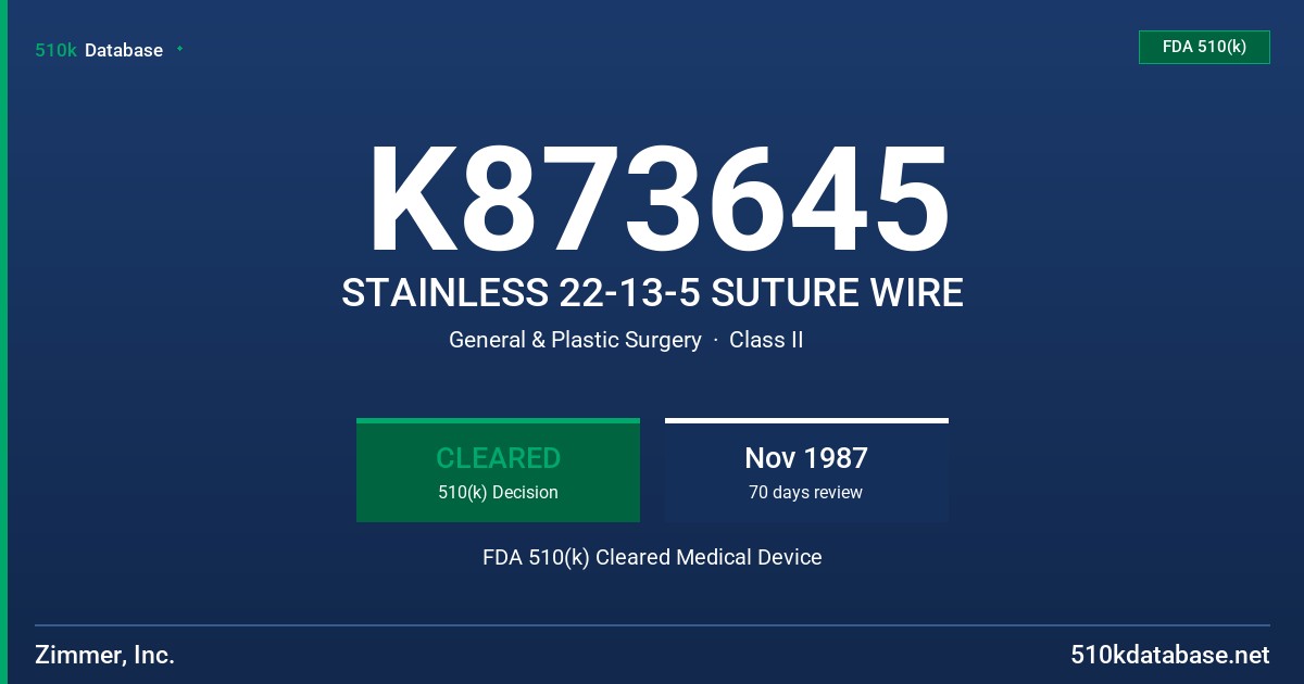 K873645 STAINLESS 22-13-5 SUTURE WIRE FDA 510(k) Cleared Medical Device