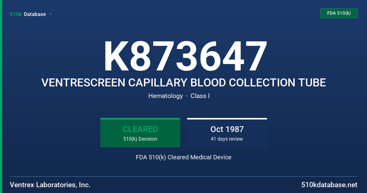 K873647 VENTRESCREEN CAPILLARY BLOOD COLLECTION TUBE FDA 510(k) Cleared Medical Device