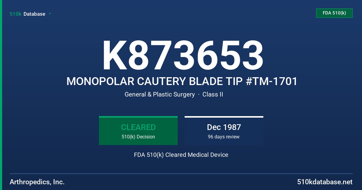 K873653 MONOPOLAR CAUTERY BLADE TIP #TM-1701 FDA 510(k) Cleared Medical Device