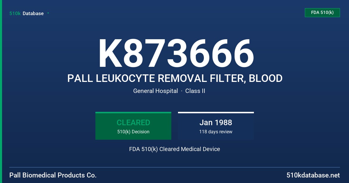 K873666 PALL LEUKOCYTE REMOVAL FILTER, BLOOD FDA 510(k) Cleared Medical Device
