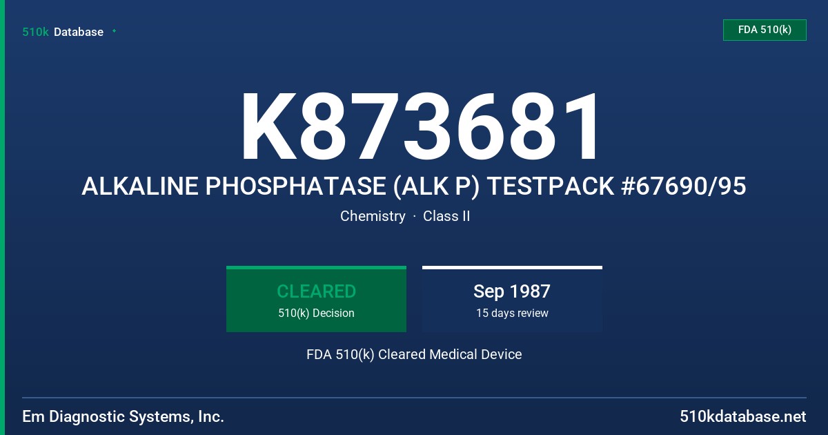 K873681 ALKALINE PHOSPHATASE (ALK P) TESTPACK #67690/95 FDA 510(k) Cleared Medical Device