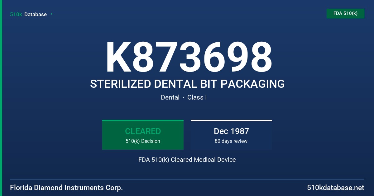 K873698 STERILIZED DENTAL BIT PACKAGING FDA 510(k) Cleared Medical Device