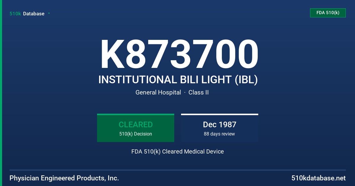 K873700 INSTITUTIONAL BILI LIGHT (IBL) FDA 510(k) Cleared Medical Device