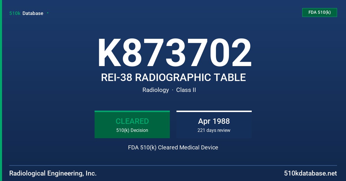K873702 REI-38 RADIOGRAPHIC TABLE FDA 510(k) Cleared Medical Device