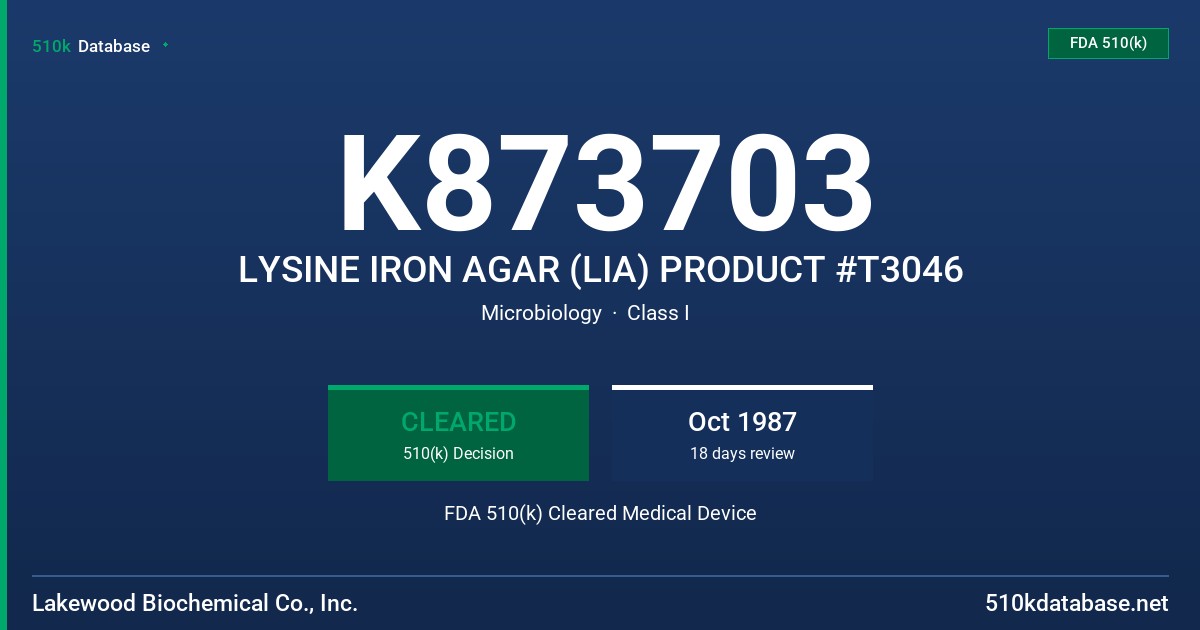 K873703 LYSINE IRON AGAR (LIA) PRODUCT #T3046 FDA 510(k) Cleared Medical Device