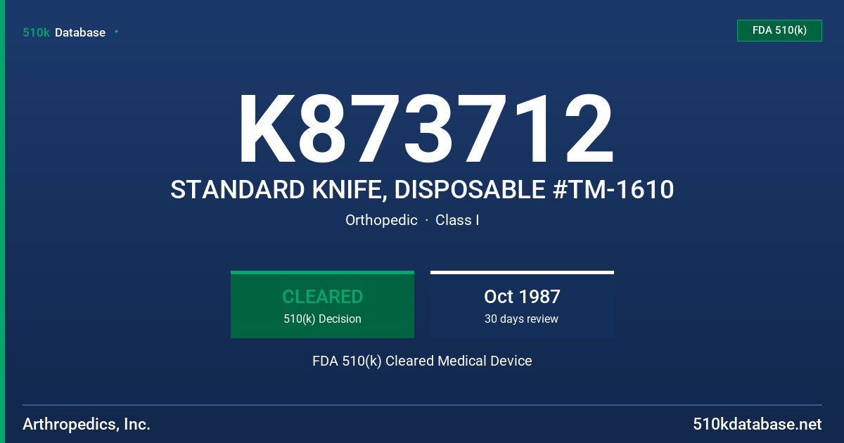K873712 STANDARD KNIFE, DISPOSABLE #TM-1610 FDA 510(k) Cleared Medical Device