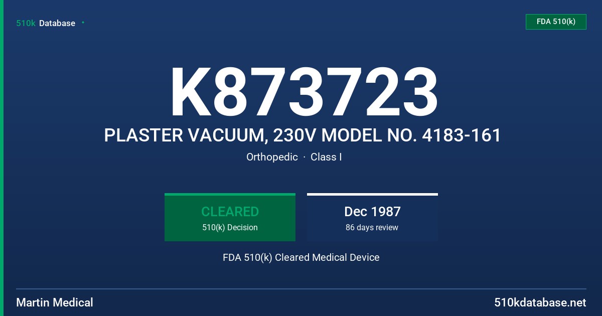 K873723 PLASTER VACUUM, 230V MODEL NO. 4183-161 FDA 510(k) Cleared Medical Device