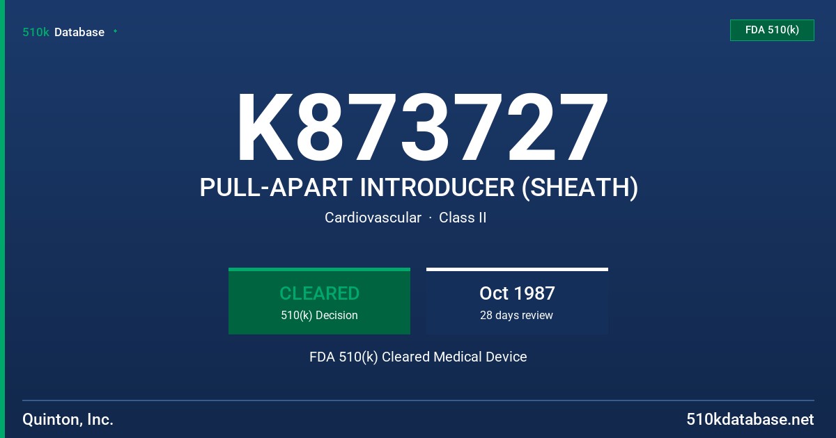 K873727 PULL-APART INTRODUCER (SHEATH) FDA 510(k) Cleared Medical Device