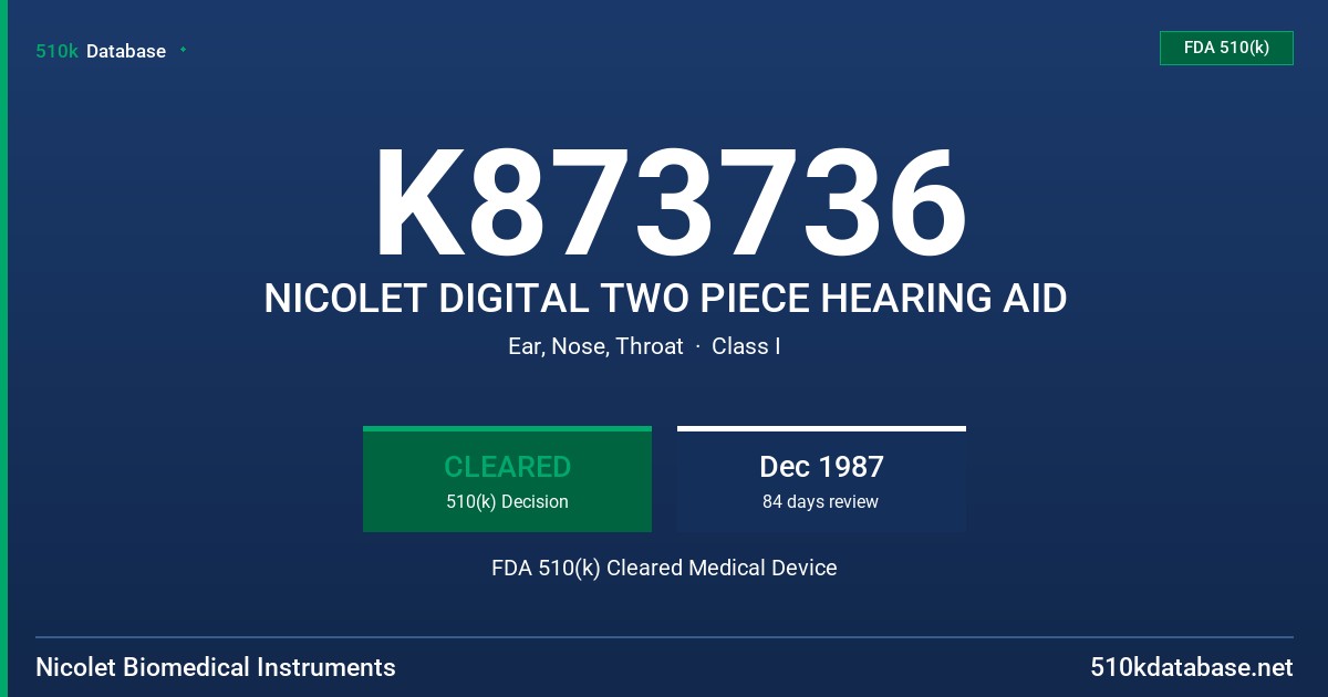 K873736 NICOLET DIGITAL TWO PIECE HEARING AID FDA 510(k) Cleared Medical Device
