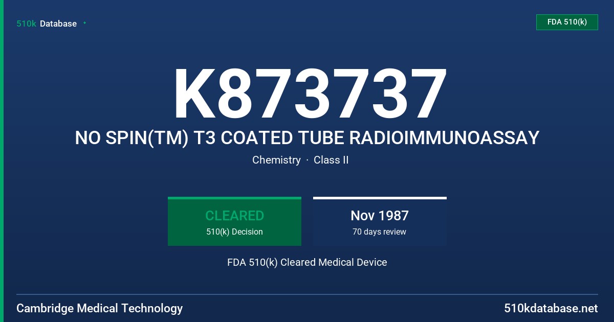 K873737 NO SPIN(TM) T3 COATED TUBE RADIOIMMUNOASSAY FDA 510(k) Cleared Medical Device