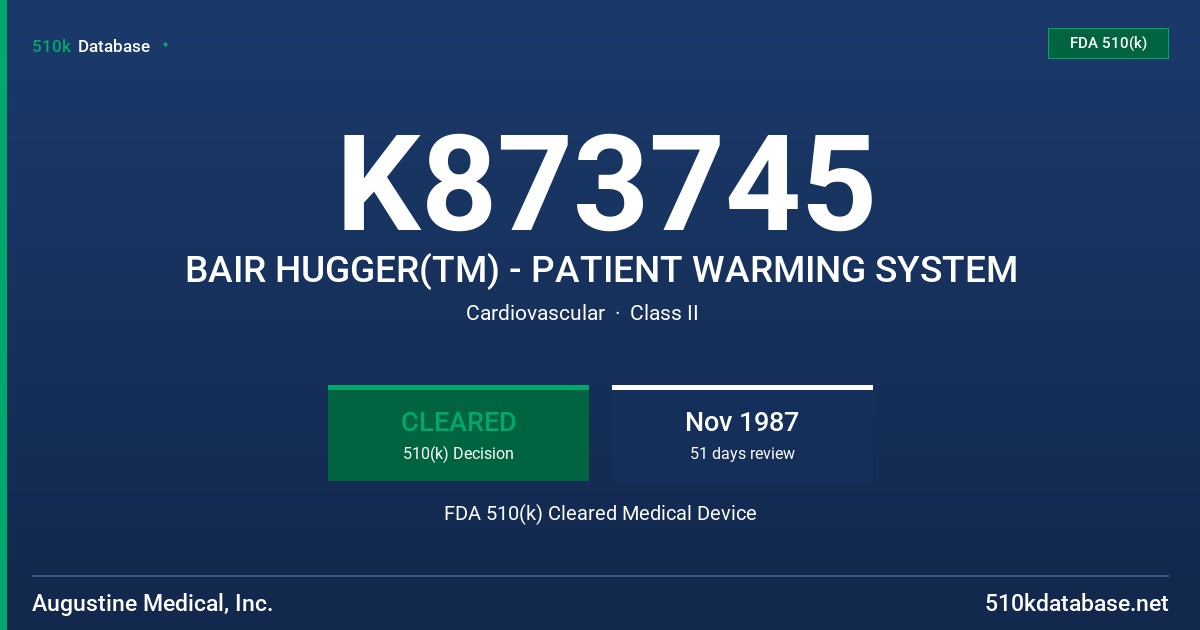 K873745 BAIR HUGGER(TM) - PATIENT WARMING SYSTEM FDA 510(k) Cleared Medical Device