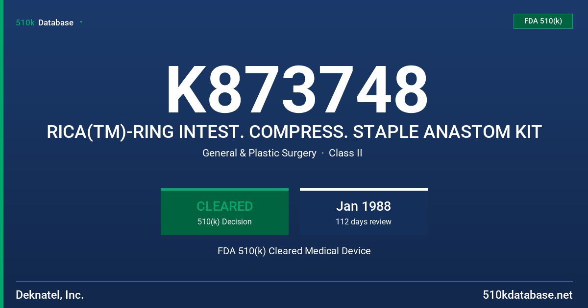 K873748 RICA(TM)-RING INTEST. COMPRESS. STAPLE ANASTOM KIT FDA 510(k) Cleared Medical Device