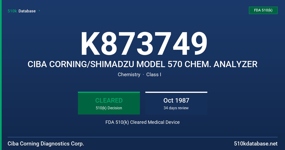 K873749 CIBA CORNING/SHIMADZU MODEL 570 CHEM. ANALYZER FDA 510(k) Cleared Medical Device