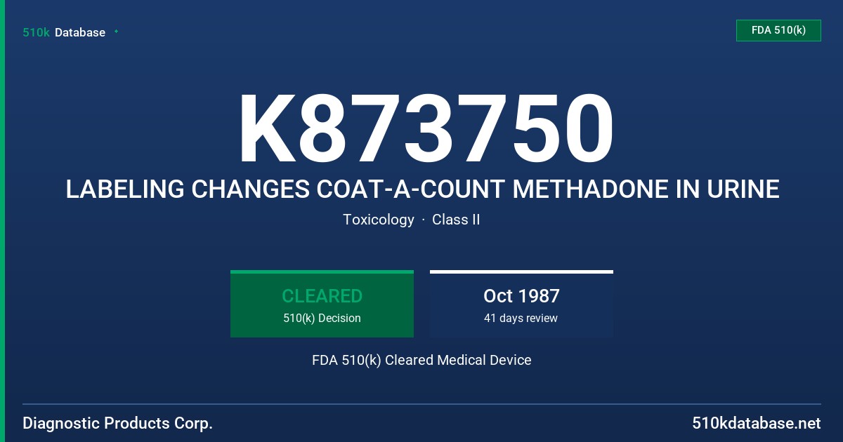 K873750 LABELING CHANGES COAT-A-COUNT METHADONE IN URINE FDA 510(k) Cleared Medical Device