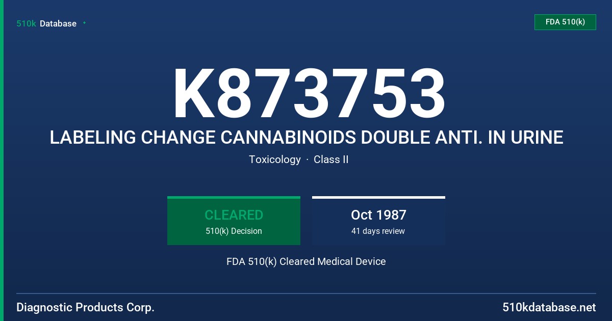 K873753 LABELING CHANGE CANNABINOIDS DOUBLE ANTI. IN URINE FDA 510(k) Cleared Medical Device