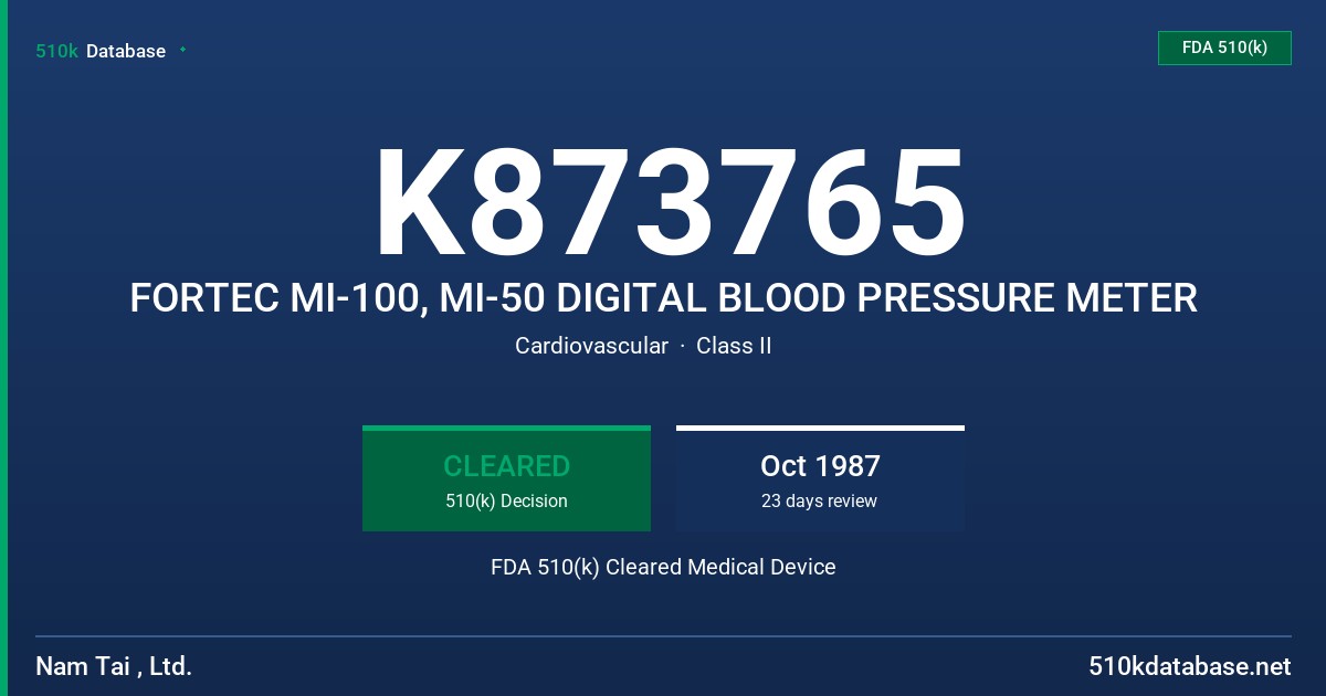 K873765 FORTEC MI-100, MI-50 DIGITAL BLOOD PRESSURE METER FDA 510(k) Cleared Medical Device