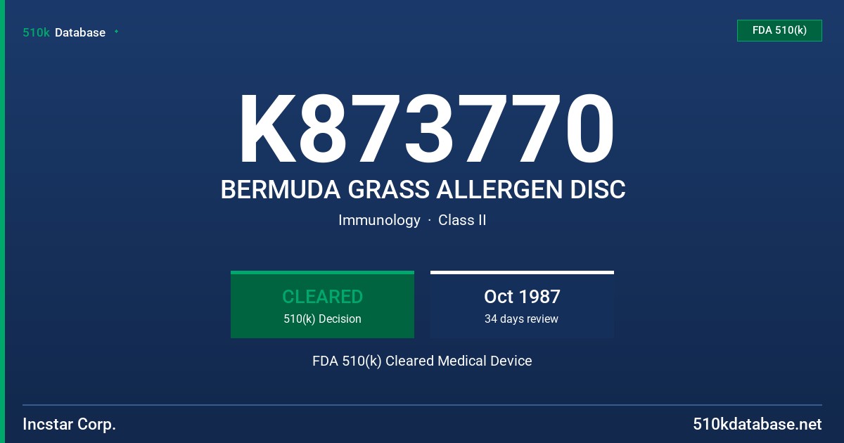 K873770 BERMUDA GRASS ALLERGEN DISC FDA 510(k) Cleared Medical Device