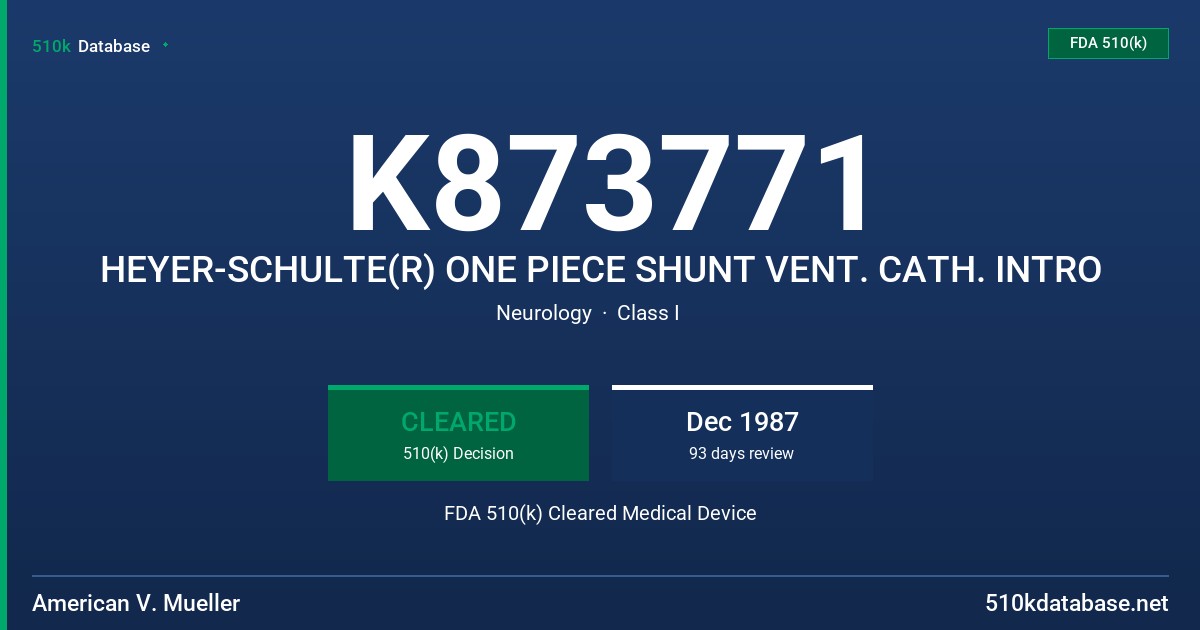 K873771 HEYER-SCHULTE(R) ONE PIECE SHUNT VENT. CATH. INTRO FDA 510(k) Cleared Medical Device