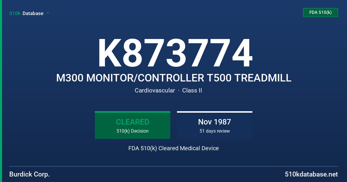 K873774 M300 MONITOR/CONTROLLER T500 TREADMILL FDA 510(k) Cleared Medical Device