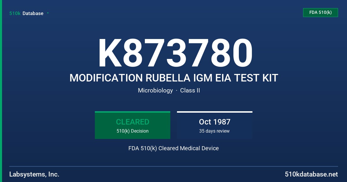 K873780 MODIFICATION RUBELLA IGM EIA TEST KIT FDA 510(k) Cleared Medical Device
