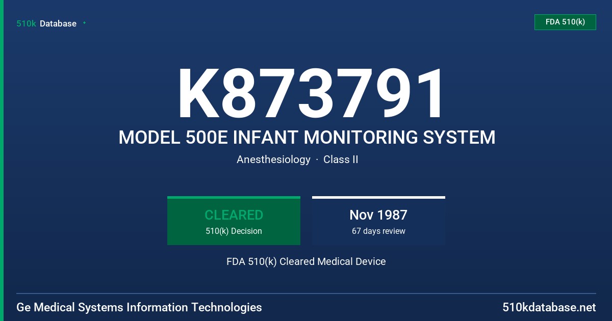 K873791 MODEL 500E INFANT MONITORING SYSTEM FDA 510(k) Cleared Medical Device