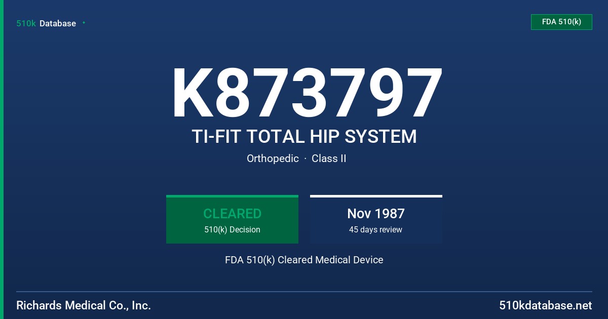 K873797 TI-FIT TOTAL HIP SYSTEM FDA 510(k) Cleared Medical Device