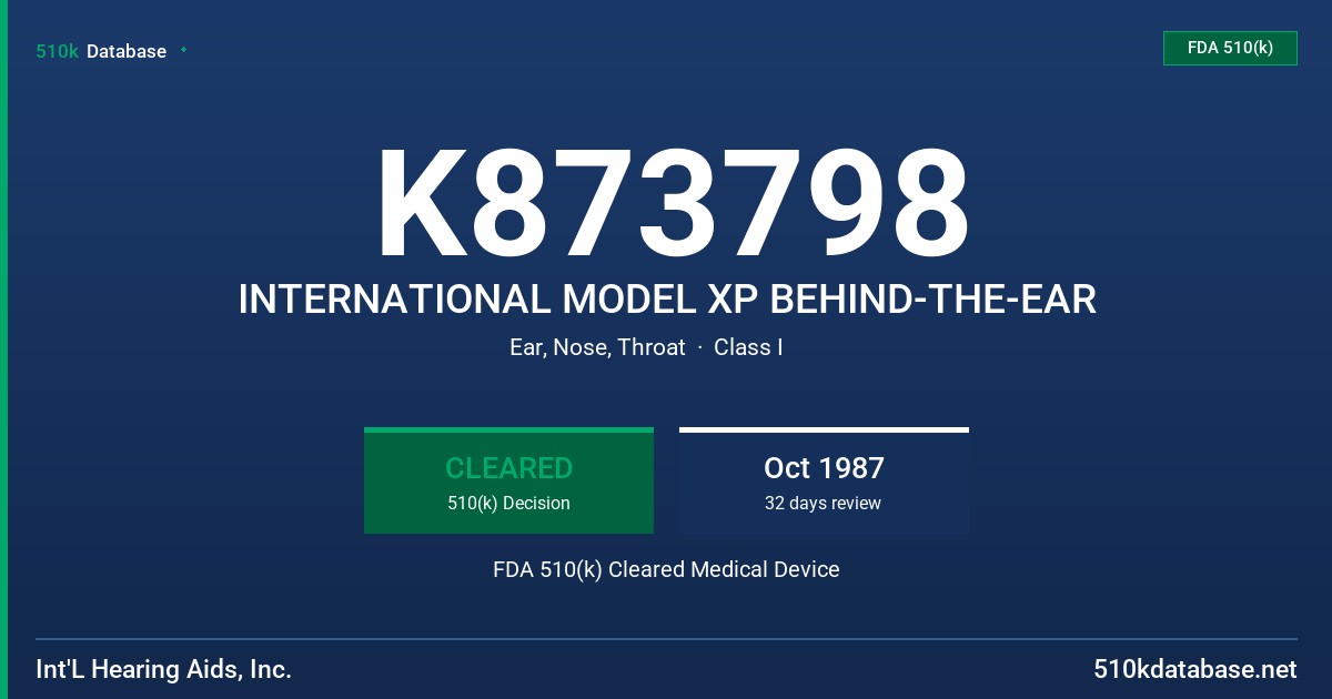 K873798 INTERNATIONAL MODEL XP BEHIND-THE-EAR FDA 510(k) Cleared Medical Device